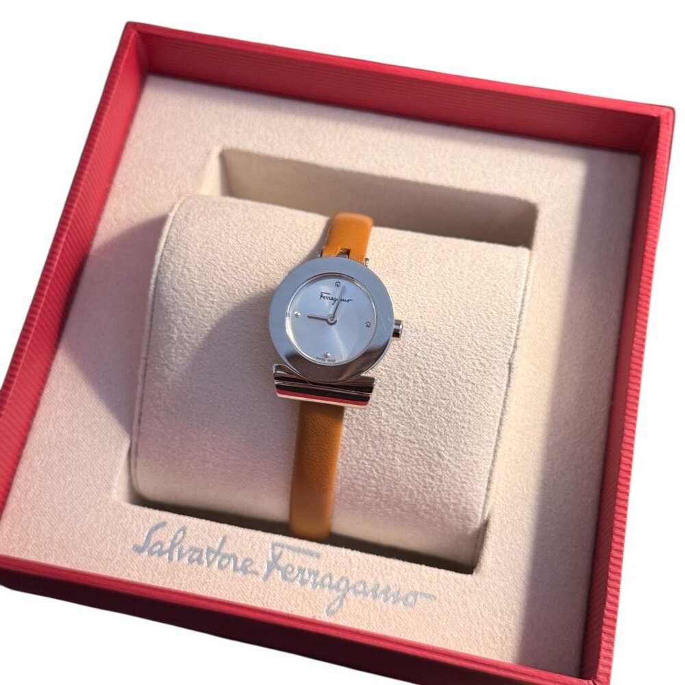 Salvatore Ferragamo Leather Strap Watch Tan/Silver – Boxed – Retail $400+